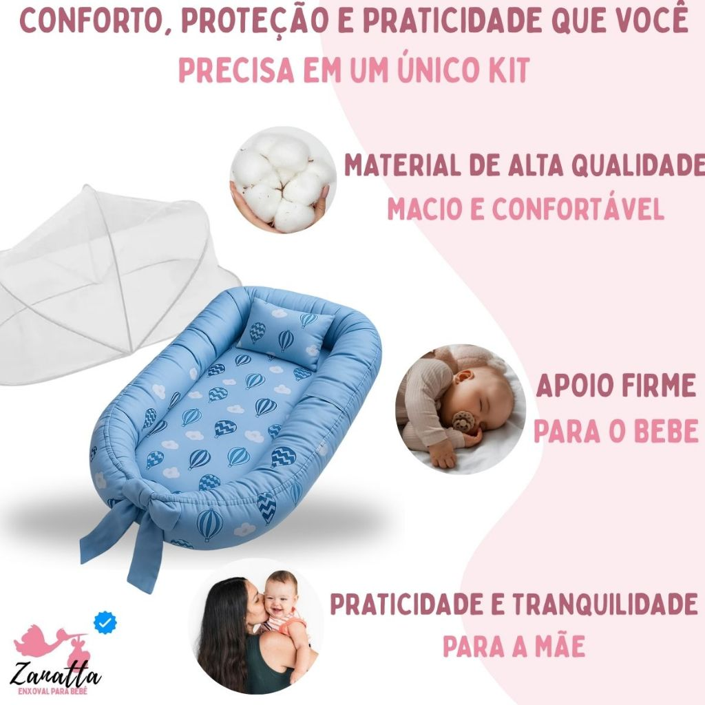 Ninho Redutor de Berço Bebe Mosquiteiro Protetor Kit 2 Peças Enxoval Menina Menino Balão Azul
