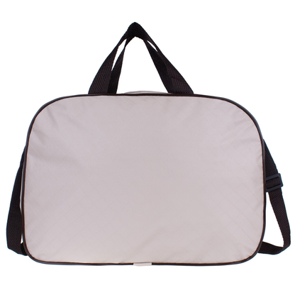 Bolsa de maternidade bege clara com alças marrons e formato arredondado, vista de frente.