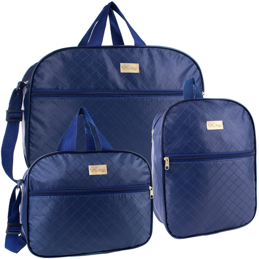 Kit de três bolsas maternidade azul-marinho em matelassê, vistas de frente.