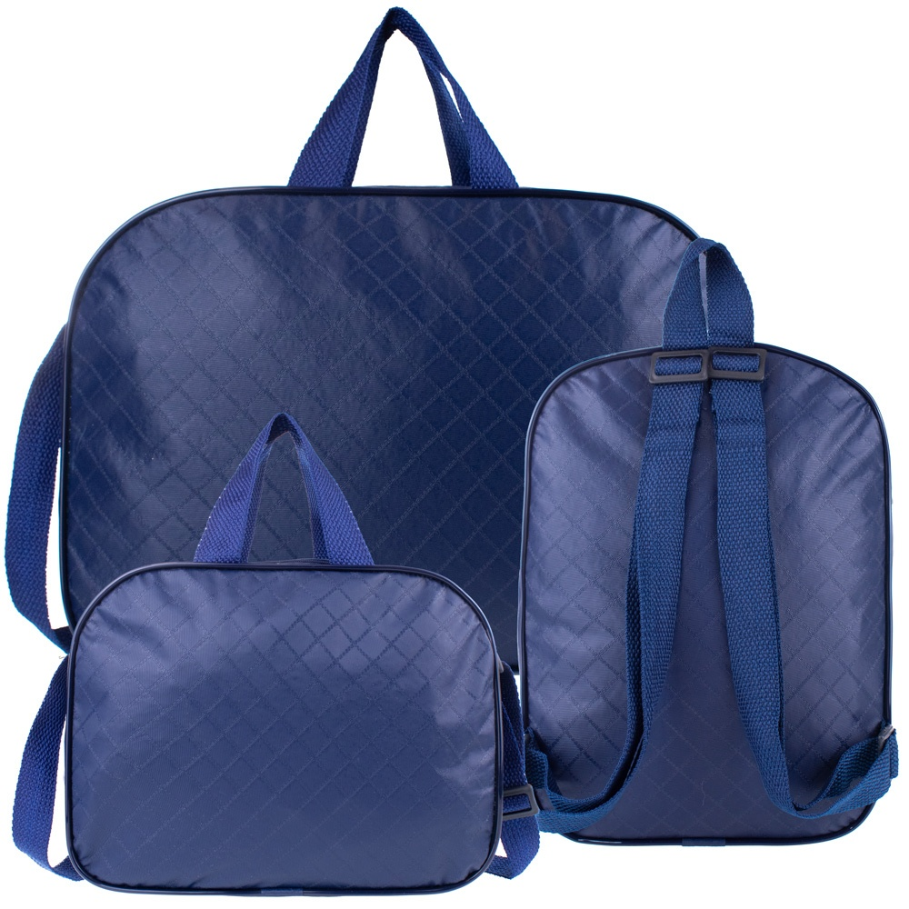 Três bolsas azul-marinho com textura quadriculada e alças, vistas de frente em fundo branco.