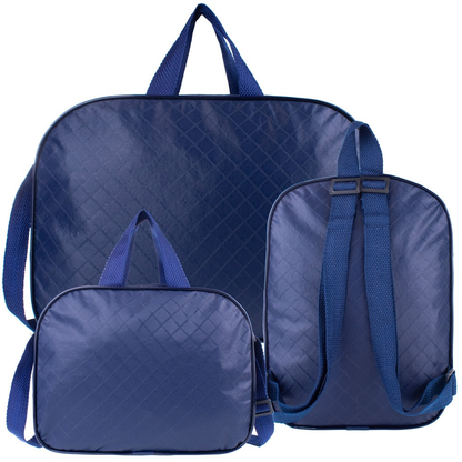 Três bolsas azul-marinho com textura quadriculada e alças, vistas de frente em fundo branco.