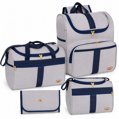 Kit de bolsas de maternidade cinza com detalhes azul-marinho e zíperes dourados.