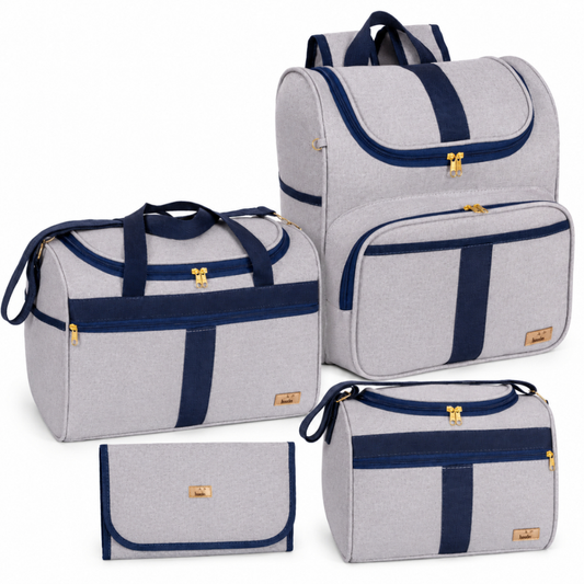 Kit de bolsas de maternidade cinza com detalhes azul-marinho e zíperes dourados.