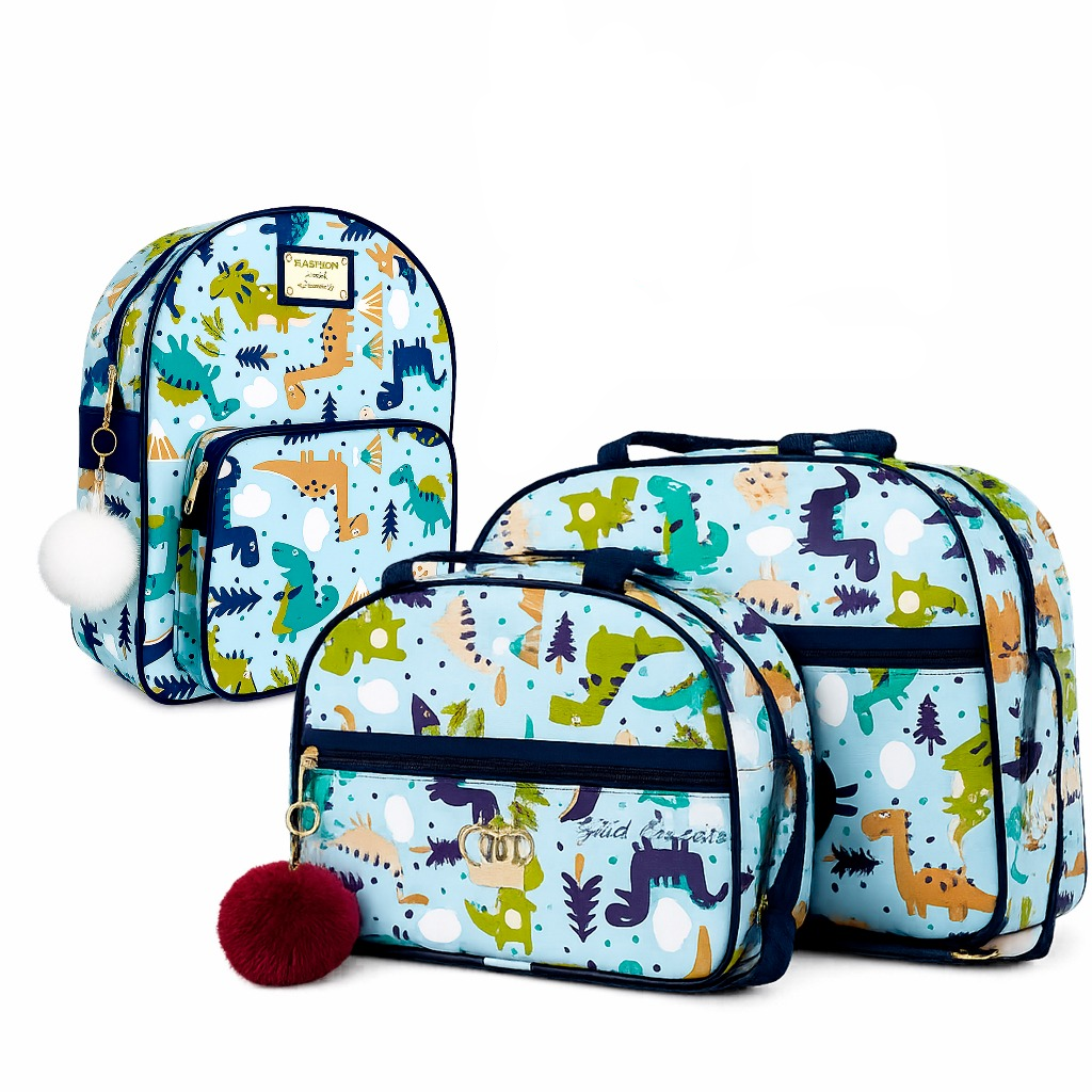 Kit de três malas de maternidade azul-claro com estampa colorida de dinossauros.