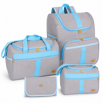Kit de bolsas e mochila cinza com azul-claro em ângulo frontal.