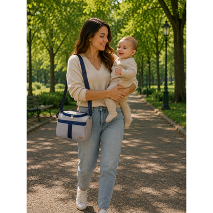 Mulher com bebê no parque usando bolsa transversal de maternidade cinza e azul.