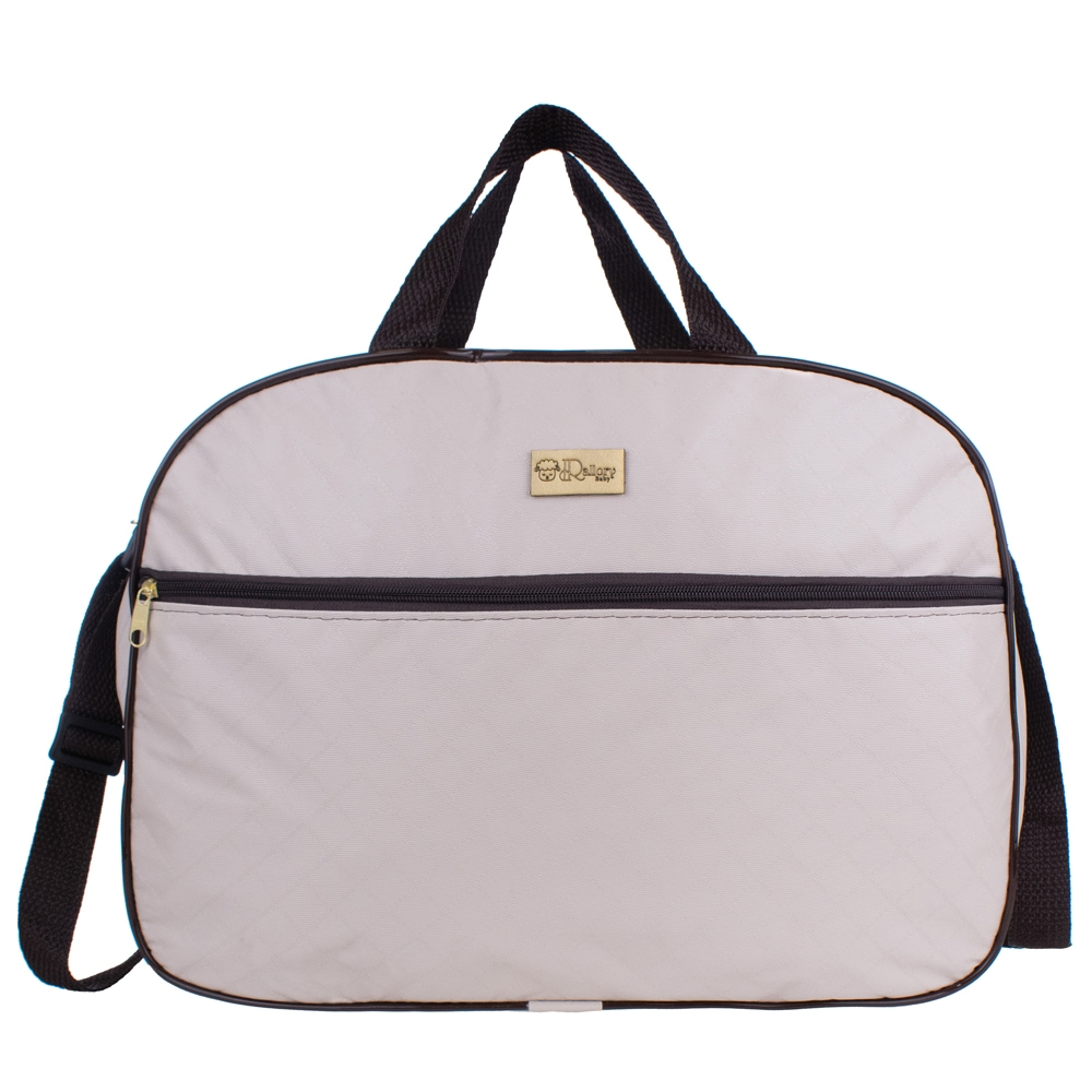 Bolsa maternidade bege arredondada com zíper frontal e alças escuras, vista de frente.