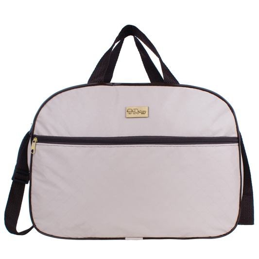 Bolsa maternidade bege arredondada com zíper frontal e alças escuras, vista de frente.