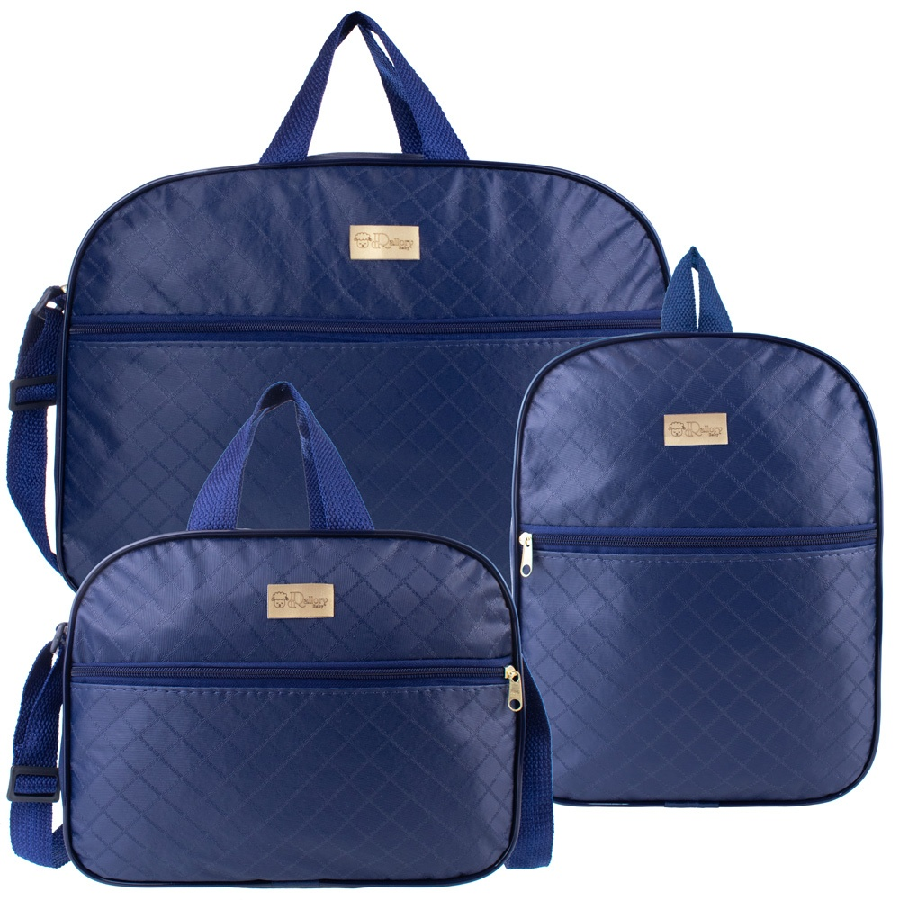 Três bolsas de maternidade azul-marinho texturizadas vistas de frente em fundo branco.