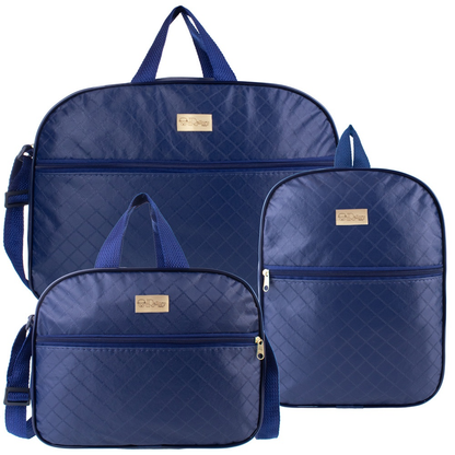 Três bolsas de maternidade azul-marinho texturizadas vistas de frente em fundo branco.