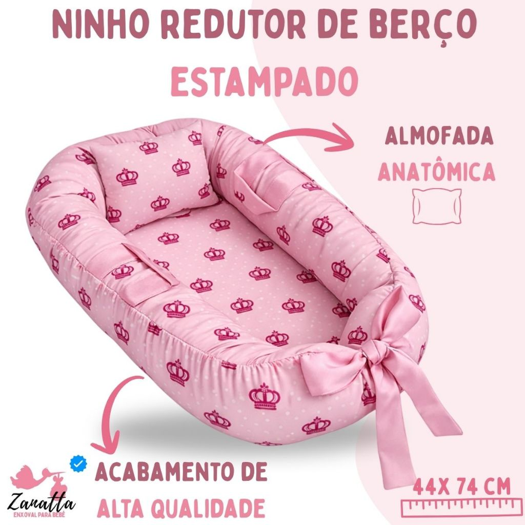 Ninho Redutor Berço Travesseiro Anatômico Bebê Enxoval Quarto Menina Personagem Princesa Coroa Rosa