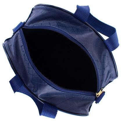 Vista superior de bolsa redonda azul-escura aberta mostrando o interior preto.
