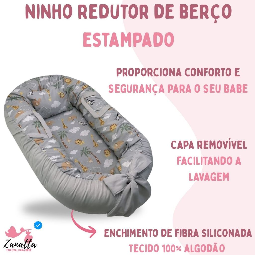 Ninho Redutor Berço Portátil com Almofada Anatômica Enxoval Bebê Recém Nascido Menina Menino Safari
