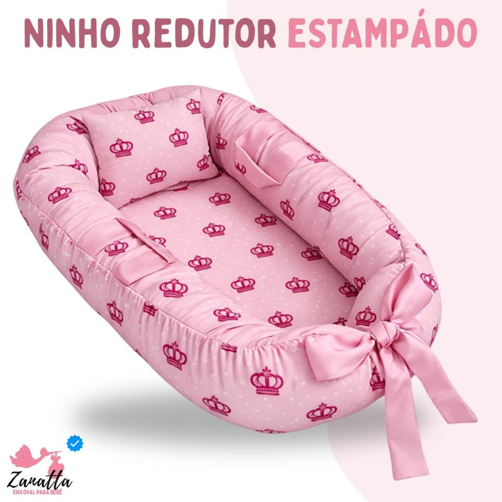 Ninho Redutor Berço Travesseiro Anatômico Bebê Enxoval Quarto Menina Personagem Princesa Coroa Rosa