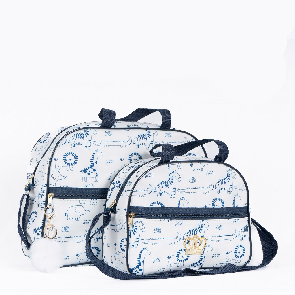 Duas bolsas de maternidade brancas com estampas azuis de animais, em vista frontal.