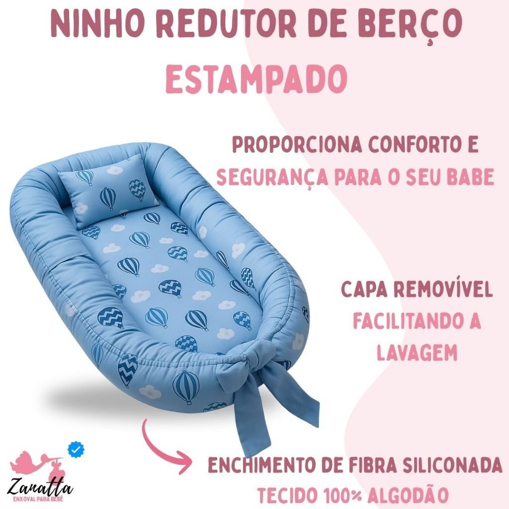 Ninho Redutor de Berço Bebe Mosquiteiro Protetor Kit 2 Peças Enxoval Menina Menino Balão Azul