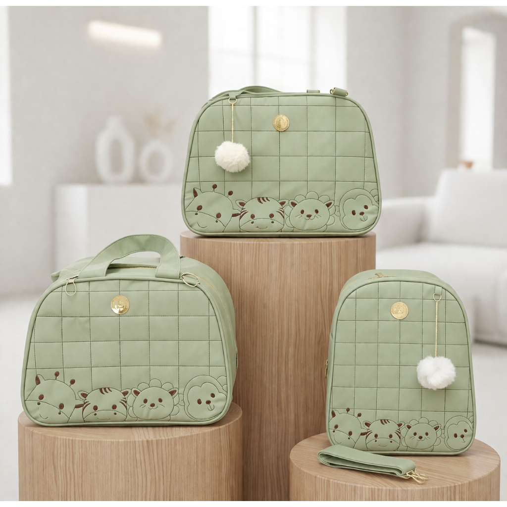 Vista frontal de três bolsas maternidade verde-claro com animais bordados sobre pedestais cilíndricos.