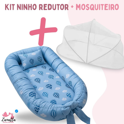 Ninho Redutor de Berço Bebe Mosquiteiro Protetor Kit 2 Peças Enxoval Menina Menino Balão Azul