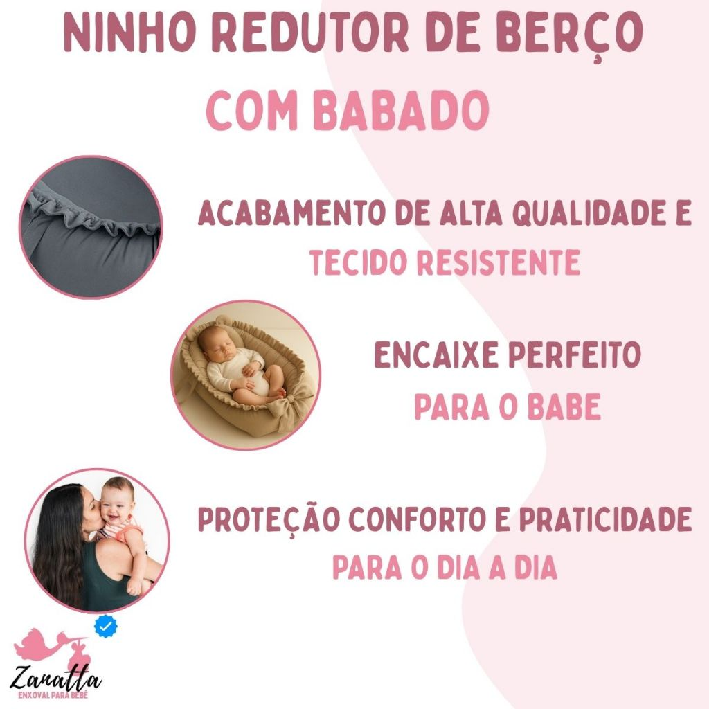 Infográfico publicitário rosa e branco com imagens circulares demonstrando o ninho redutor de berço.