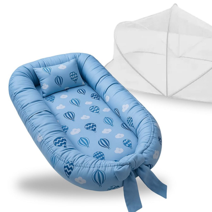 Ninho Redutor de Berço Bebe Mosquiteiro Protetor Kit 2 Peças Enxoval Menina Menino Balão Azul