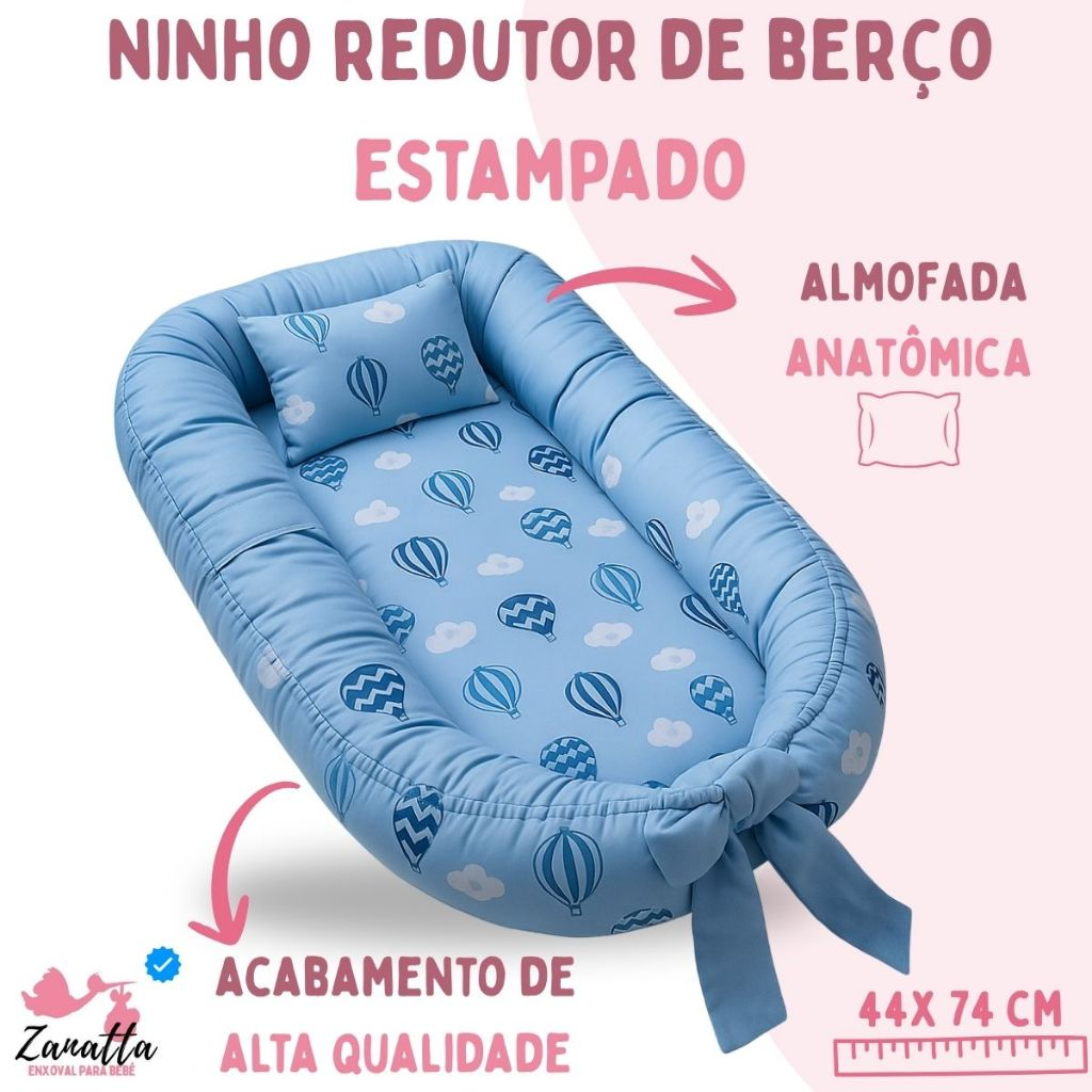 Ninho Redutor de Berço Bebe Mosquiteiro Protetor Kit 2 Peças Enxoval Menina Menino Balão Azul
