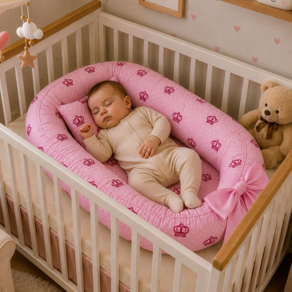 Ninho Redutor Berço Travesseiro Anatômico Bebê Enxoval Quarto Menina Personagem Princesa Coroa Rosa