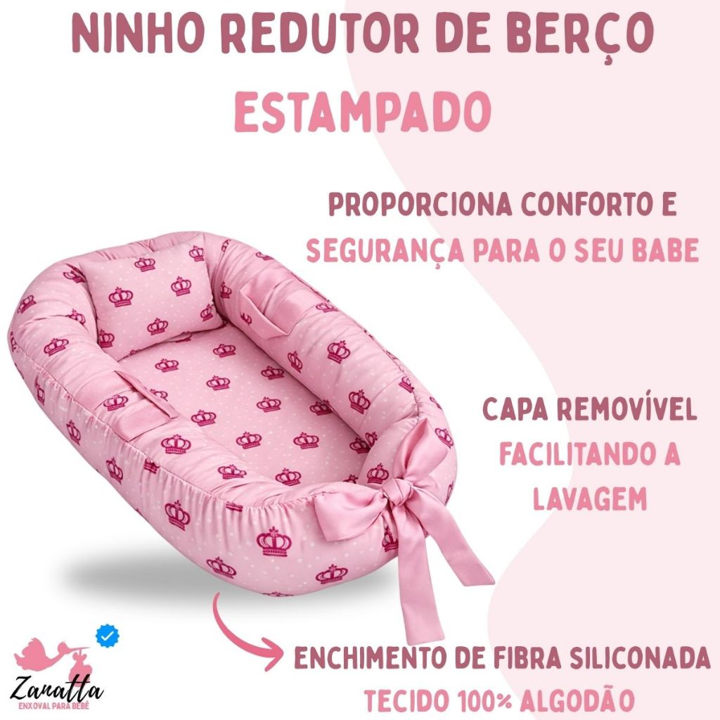 Ninho Redutor Berço Travesseiro Anatômico Bebê Enxoval Quarto Menina Personagem Princesa Coroa Rosa