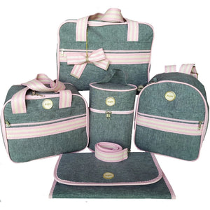 Kit de cinco bolsas maternidade cinza com alças listradas rosa e branco.