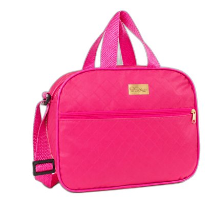 Bolsa de passeio rosa vibrante, formato retangular arredondado, costura matelassê e alça regulável lateral.