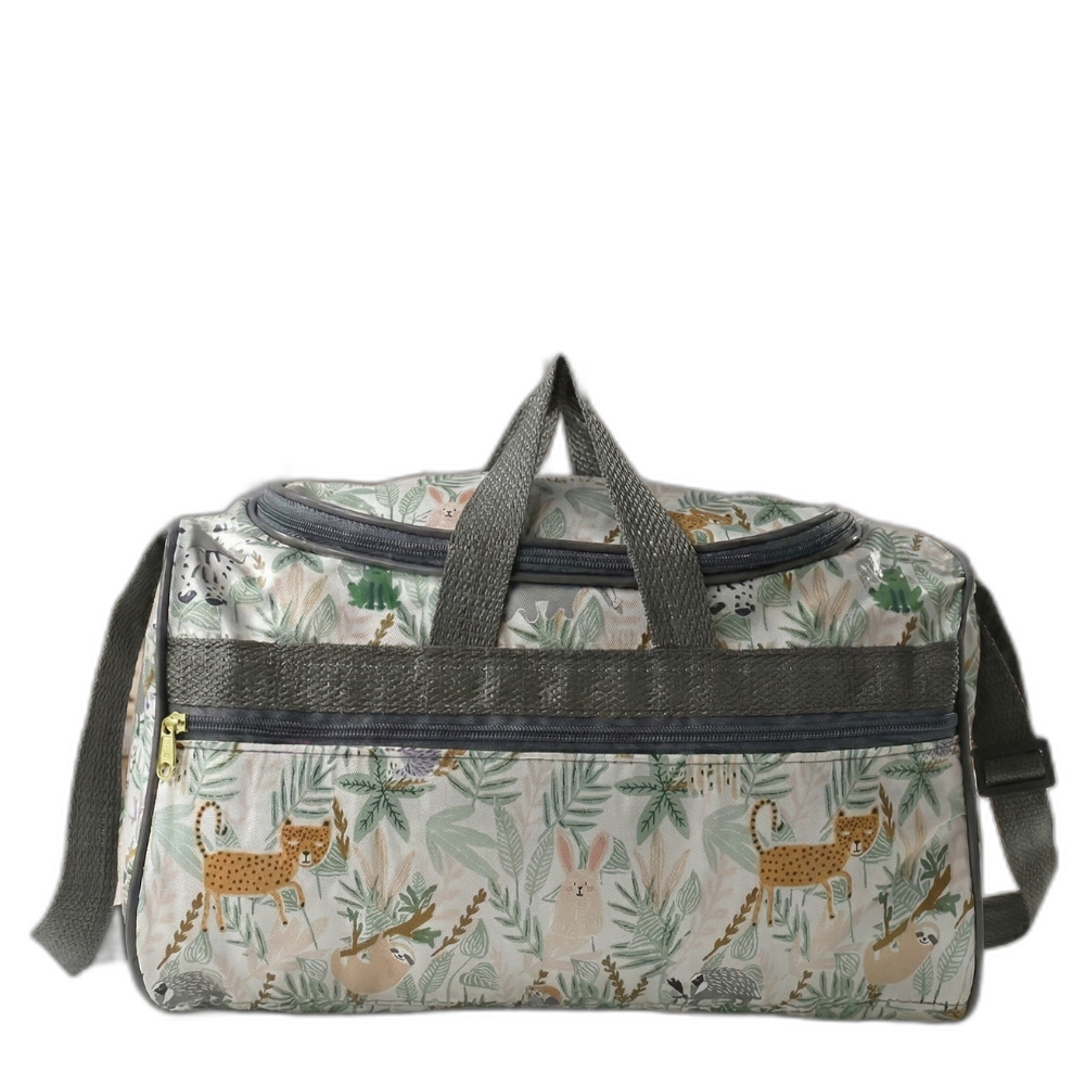 Bolsa maternidade retangular com estampa de animais, alças cinzas em vista frontal.