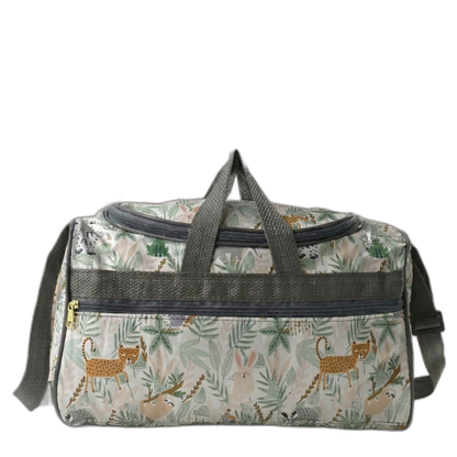 Bolsa maternidade retangular com estampa de animais, alças cinzas em vista frontal.