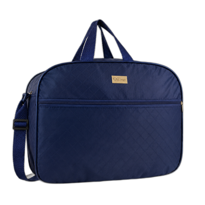 Bolsa de maternidade azul-marinho com textura matelassê, alça transversal e bolso frontal.