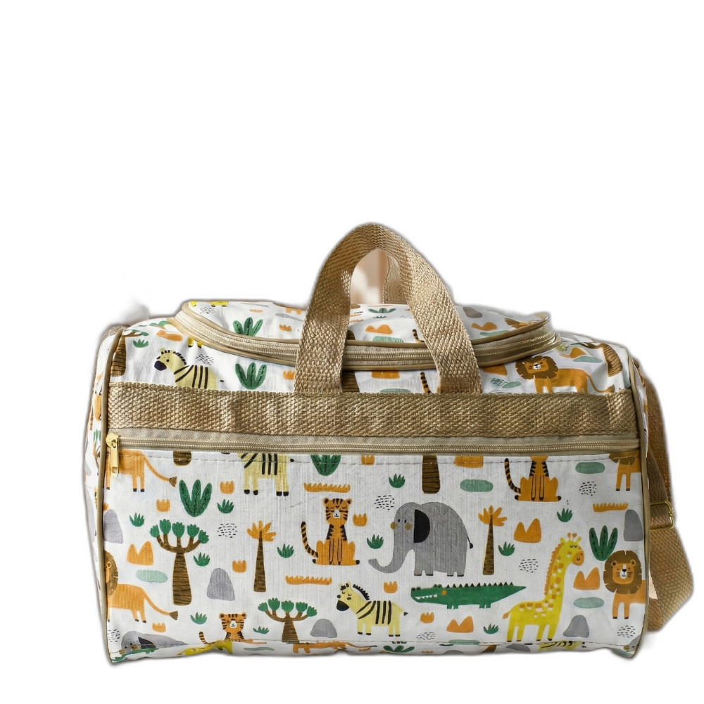 Bolsa maternidade branca estampada com animais de safari e alças bege, em vista frontal.