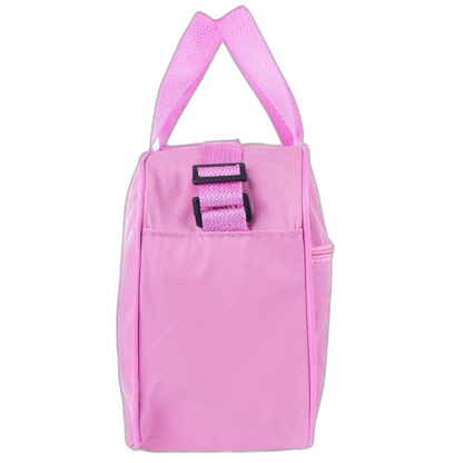 Vista lateral de bolsa maternidade rosa compacta com alças e fivela preta regulável.