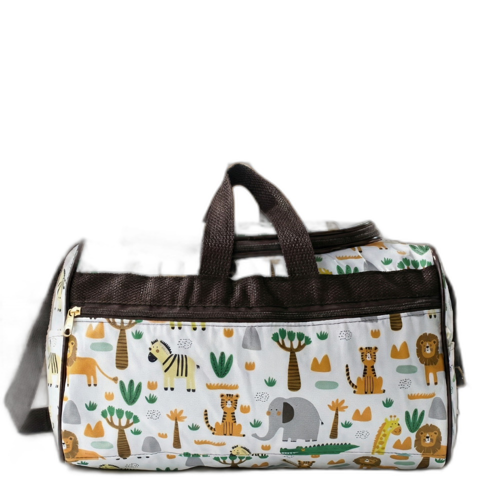 Bolsa maternidade branca com estampa colorida de animais do safári e alças marrons.