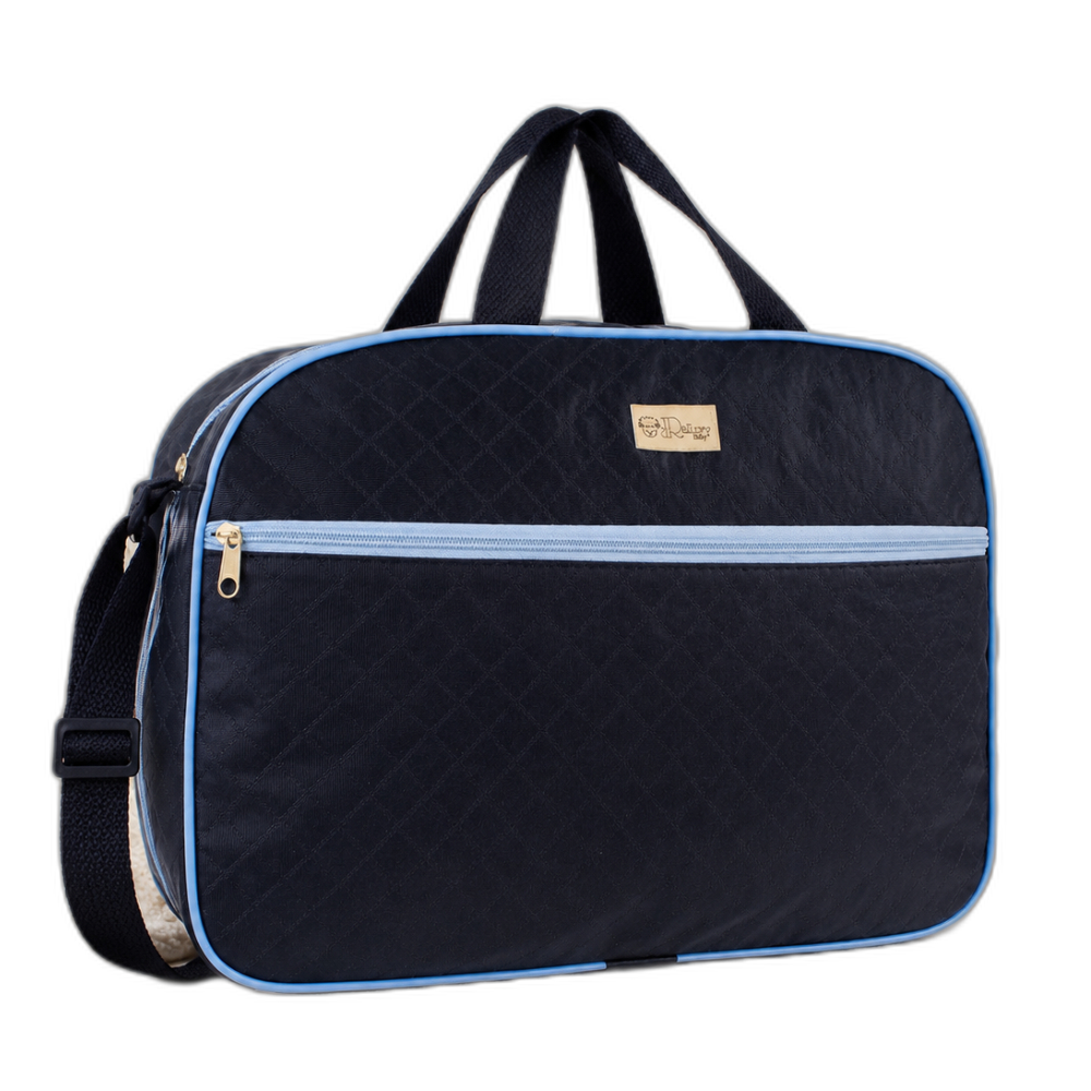 Bolsa maternidade azul-marinho com detalhes em azul-claro, bolso frontal e alça ajustável.