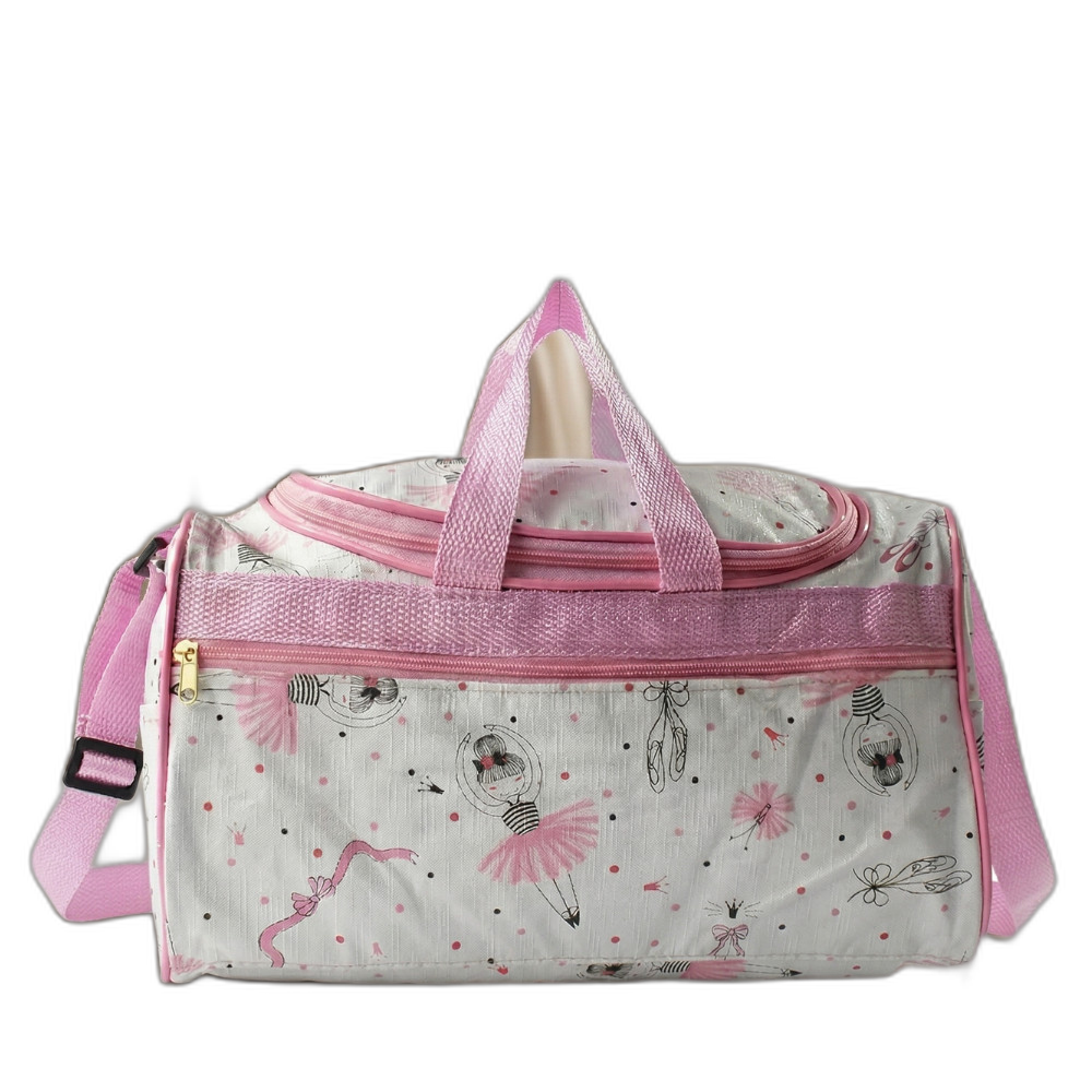 Bolsa maternidade branca estampada com bailarinas e alças rosa, em vista frontal.
