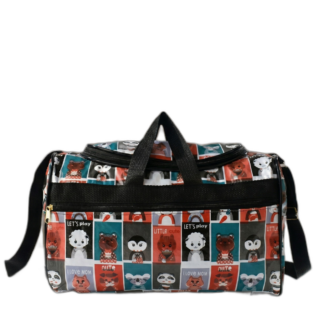 Bolsa retangular estampada com animais fofos e alças pretas, em vista frontal.