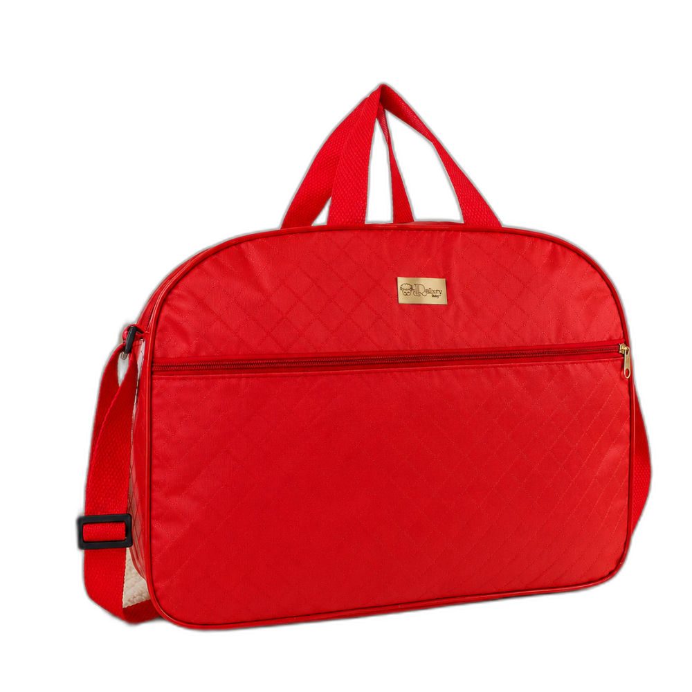 Bolsa maternidade vermelha acolchoada com alça regulável e zíper, vista de frente.