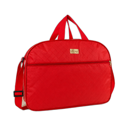 Bolsa maternidade vermelha acolchoada com alça regulável e zíper, vista de frente.