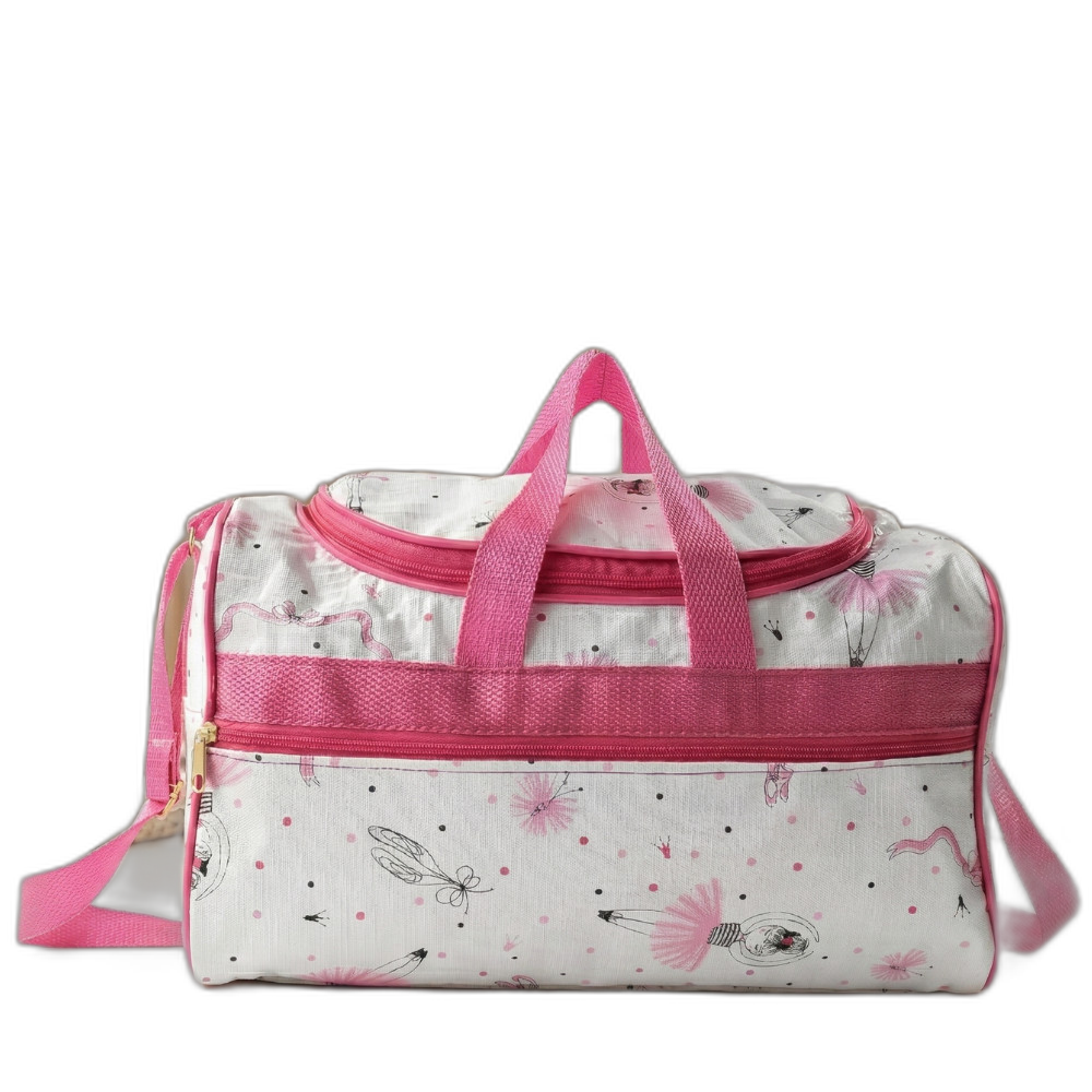 Bolsa maternidade retangular branca com estampa de bailarina rosa e alça transversal rosa.