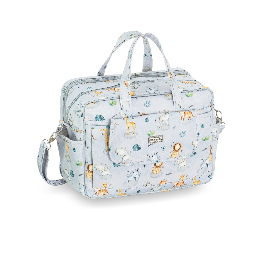 Bolsa de maternidade retangular cinza-claro com estampa safari, vista em ângulo de três quartos.