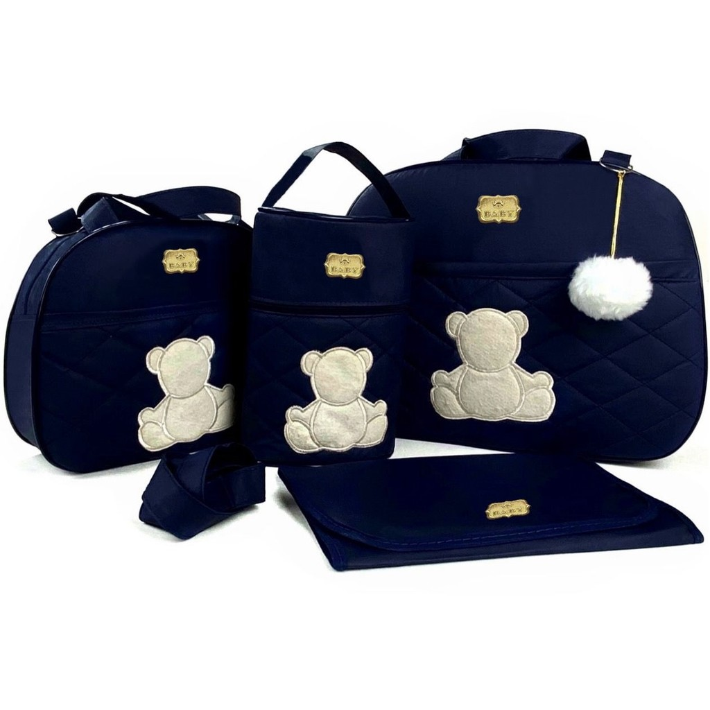 Kit de bolsas maternidade azul marinho com bordados de ursinho fotografado de frente.