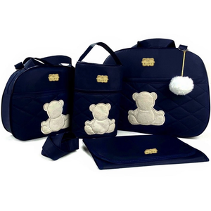 Kit de bolsas maternidade azul marinho com bordados de ursinho fotografado de frente.